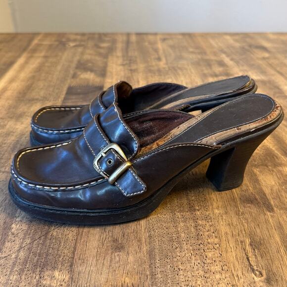 VTG Mudd Toni Platform Mules Chunky Heel Buckle Faux Leather 90s Y2K Brown Sz 10 - Picture 4 of 12